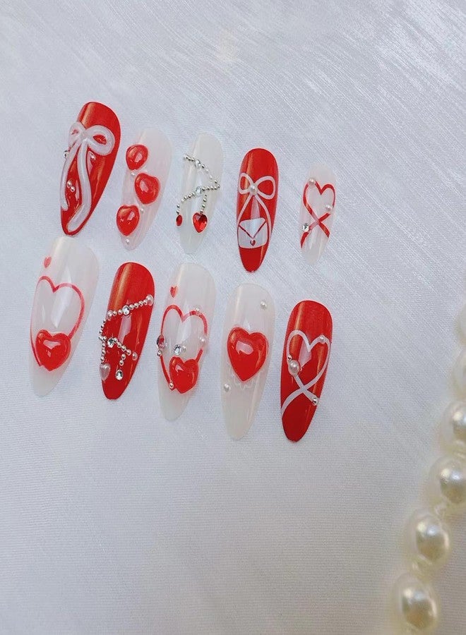 YKZFUI 24Pcs Valentine's Press on Nails Medium Red Heart Fake Nails with 3D Bow Love, White Pearl & Rhinestones Designs French False Nails Tip Stick on Nails Almond Shaped Full Cover Glue on Nails for Women - Image 5